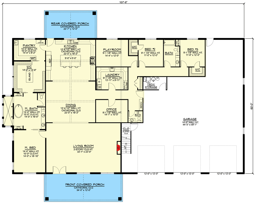 Plan 135206GRA: 3-Bed Barndo-Style House Plan with Timbered 2-Story Front Porch - Floor Plan - Main Level