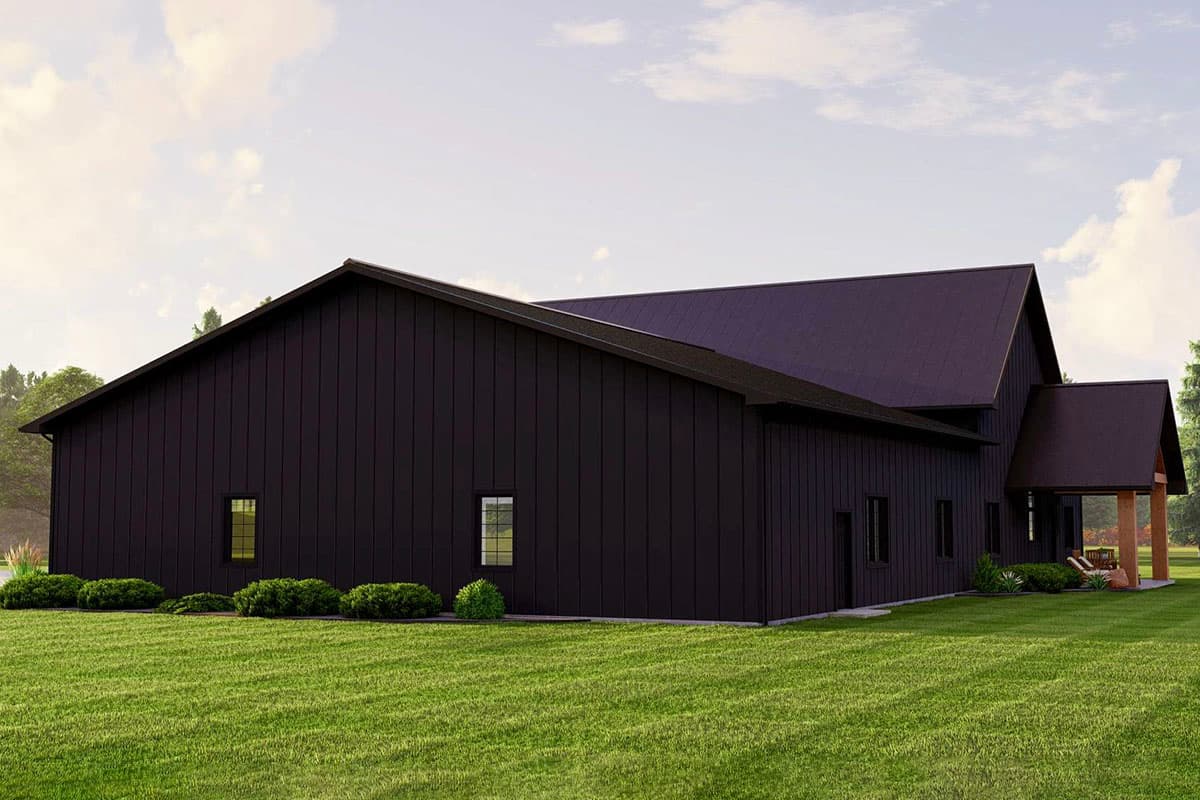 House plan exterior of a modern barn style home with dark vertical siding, gabled roof, and a covered porch with wooden posts.
