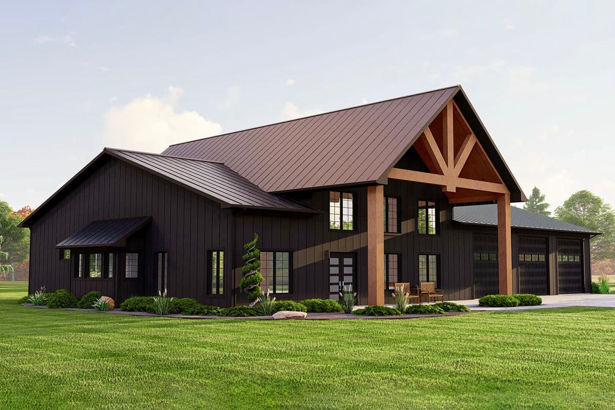 Modern Farmhouse house plan exterior with dark vertical siding, metal roof, large gables, exposed timber beams, and a three-car garage.