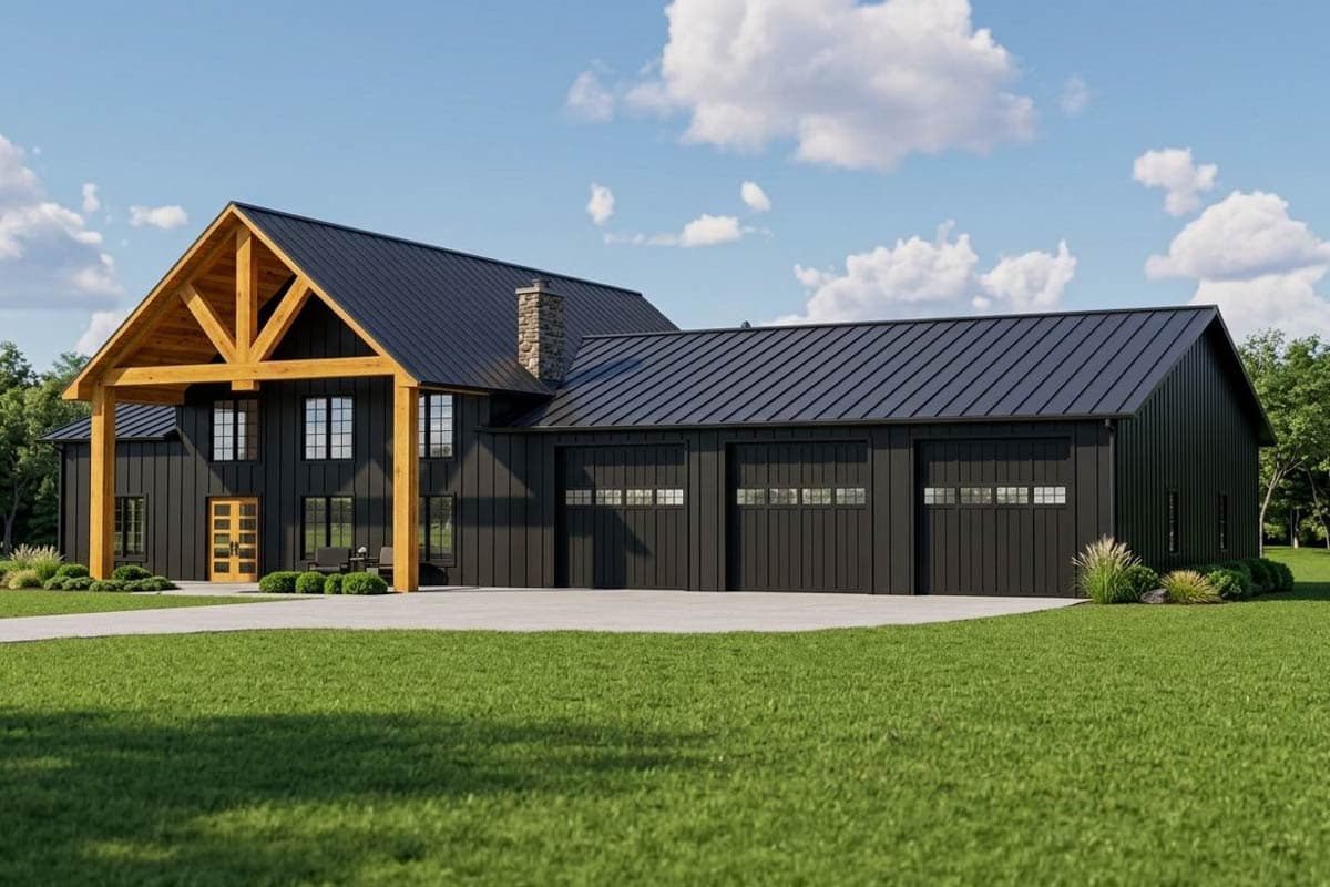 House plan exterior. Modern style, two-story home with exposed timber truss, covered porch, and attached garage with three bays.