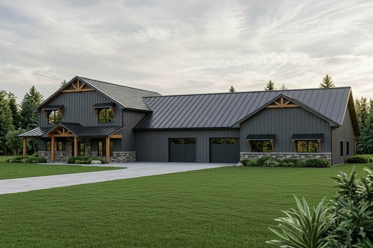 House plan exterior with two stories. Features include a Craftsman style, gable rooflines, a covered porch, and a three-car garage.