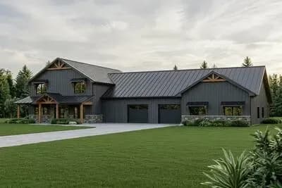 Multi-Generational Barndo-Style House Plan with Massive Connecting Garage Shop - 4314 Sq Ft