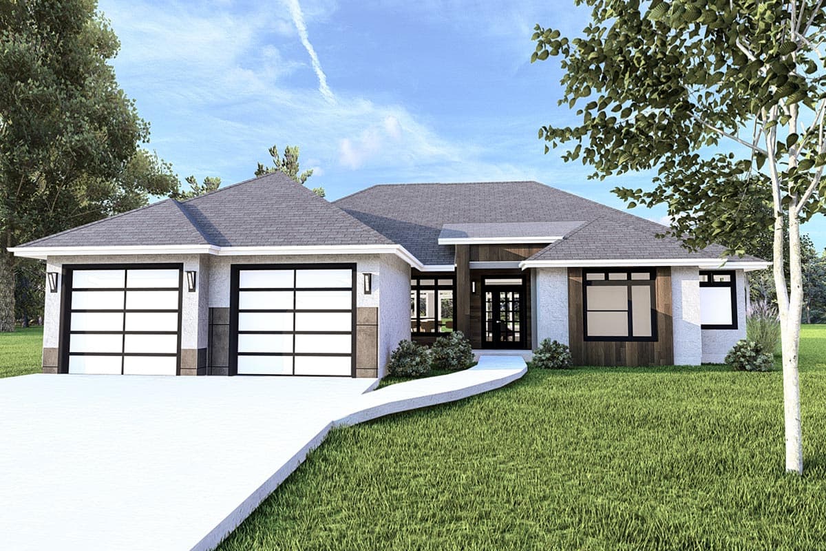 Modern ranch house plan exterior with two-car garage, gray roof, prominent gables, and large windows.