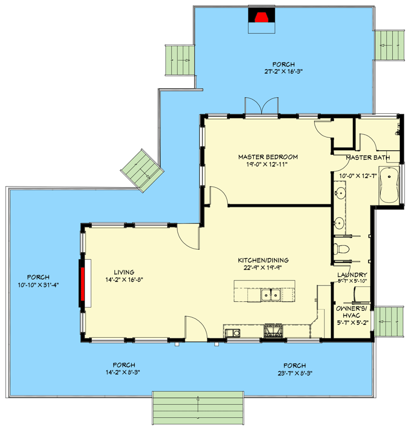 Plan 744502ABR: One Bed Modern Mountain Cabin Under 1300 Square Feet with Wraparound Porch - Floor Plan - Main Level - Cabin, Cottage, Country, Craftsman, Mountain, New American, Ranch, Rustic