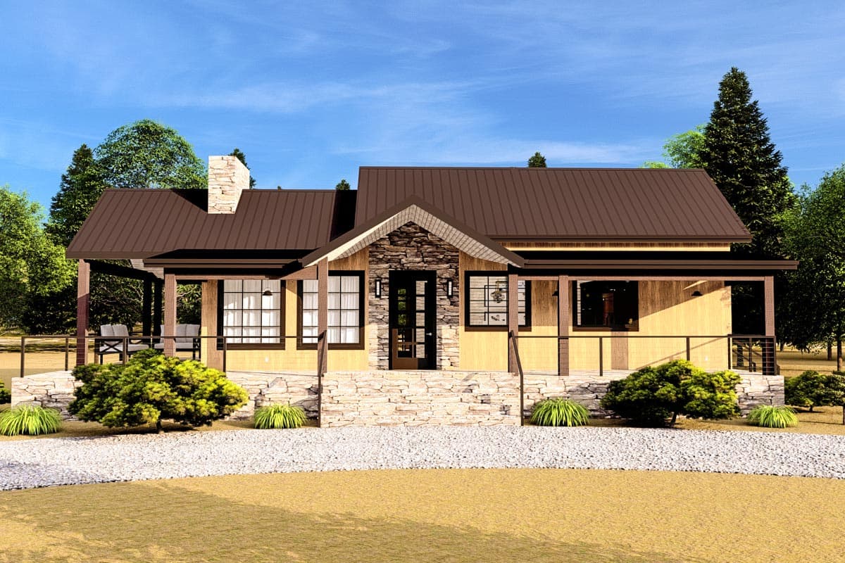 House plan exterior with stone accents, a covered porch, and a metal gable roof. Includes a chimney and stone facade around the front door.