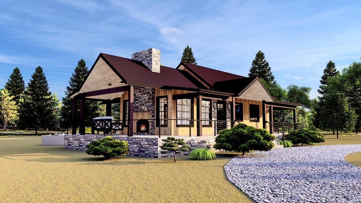 House plan exterior: Modern Ranch style, one story, with covered porch, stone chimney, gabled dormer, and metal roof.