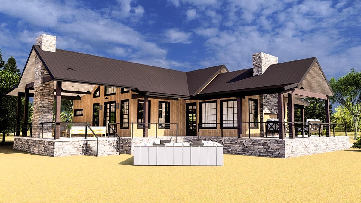 House plan exterior of a modern farmhouse with stone accents, a dark metal roof, and a large covered porch with outdoor seating.