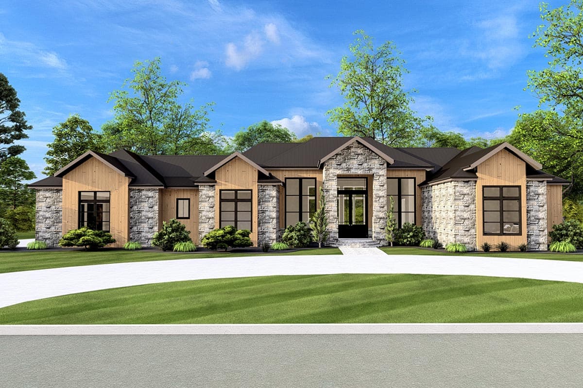 House plan exterior: Single-story modern home with stone and wood siding, gabled rooflines, and large grid windows.