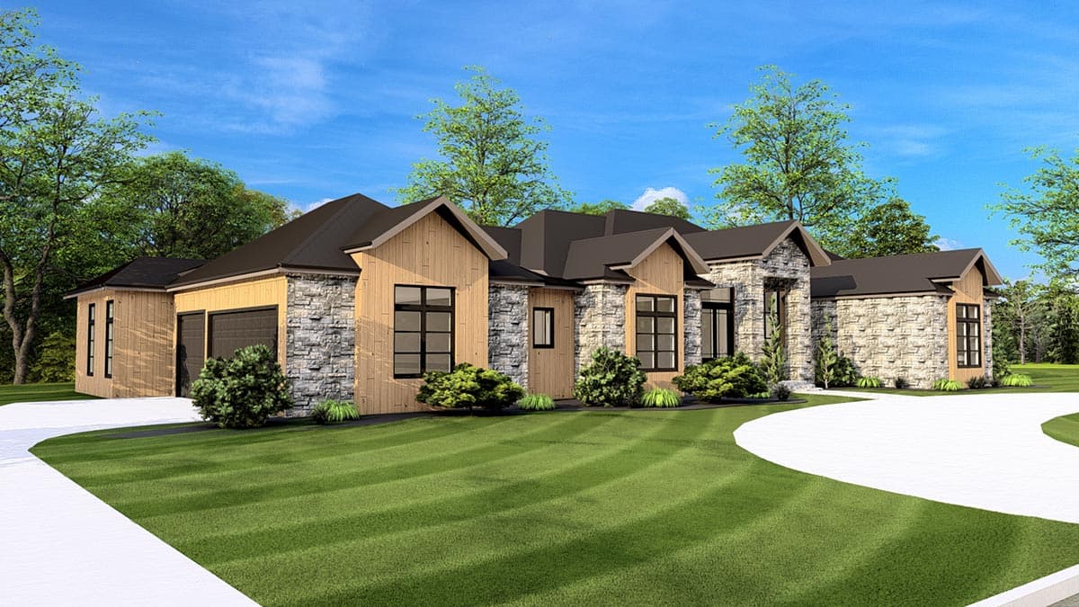 House plan exterior of a single-story modern home with stone and wood siding, gabled rooflines, and a three-car garage.
