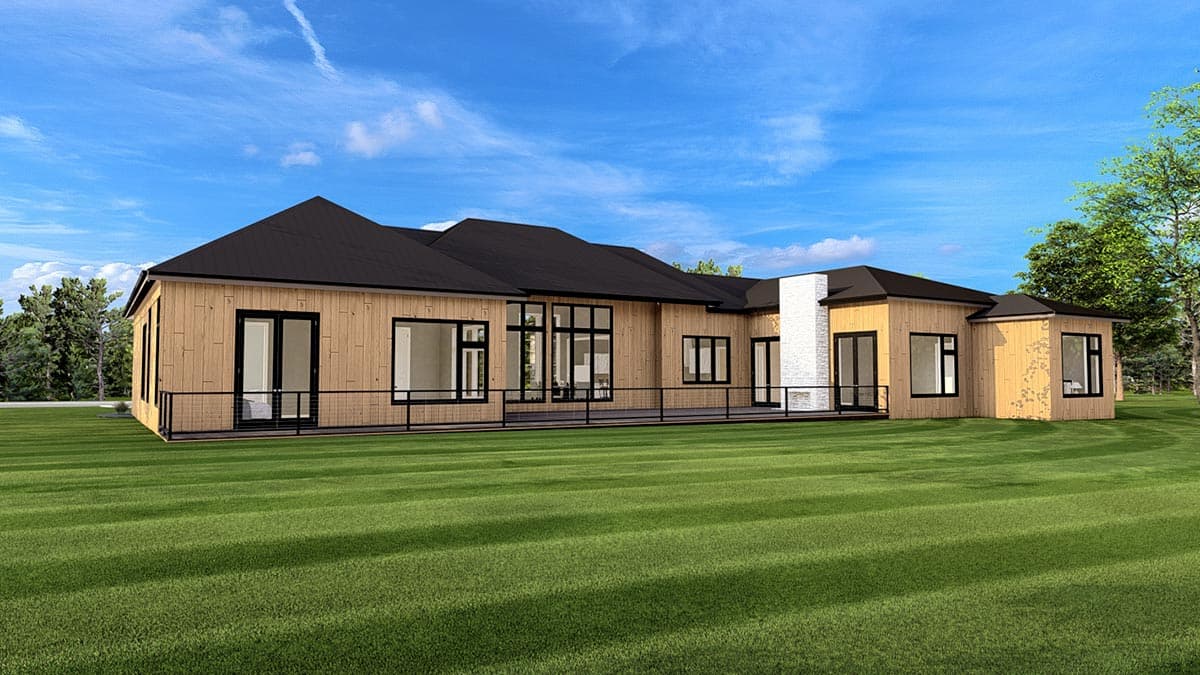 House plan exterior: Ranch style with a dark roof, wood siding, black-framed windows, and a prominent white brick chimney.