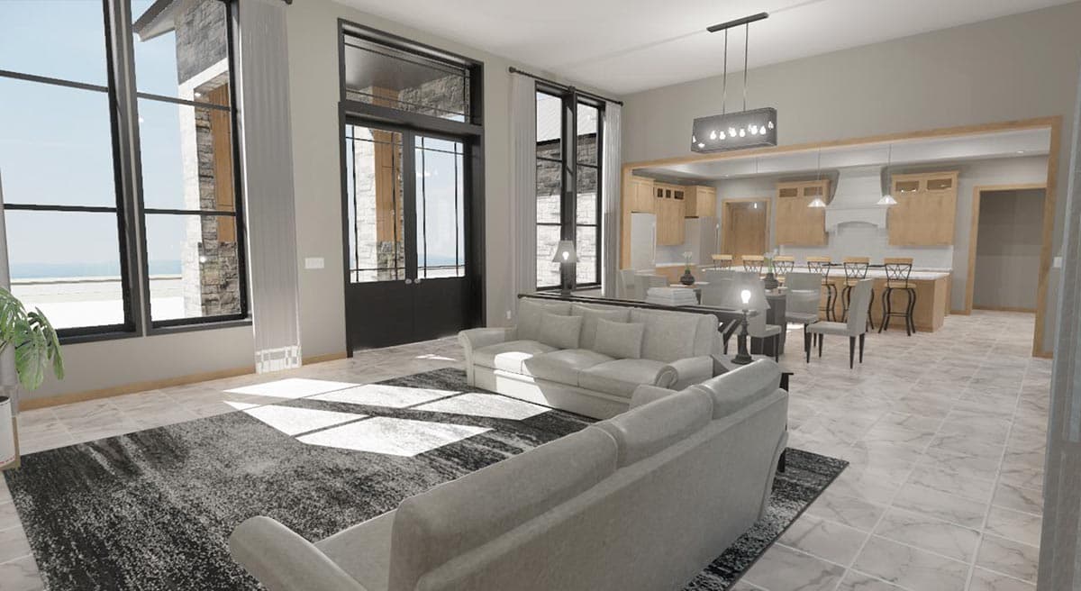 Interior rendering of a great room with large windows, open to a kitchen with island seating and wood cabinetry.