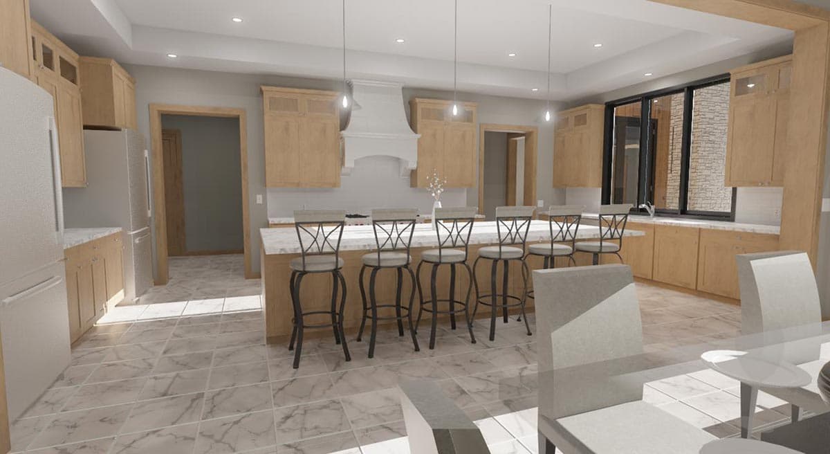 Kitchen featuring light wood cabinets, a large island with seating, and a double oven range with decorative hood.