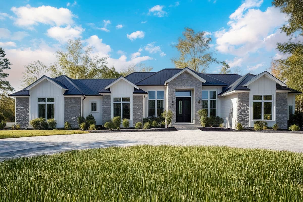 House plan exterior featuring a single-story design, gabled roof, and stone and white siding. Includes large windows and a dark front door.