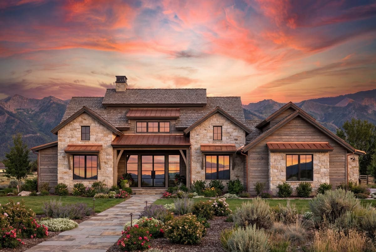 Craftsman style house plan exterior with stone and wood siding, metal roof accents, and a covered entryway.
