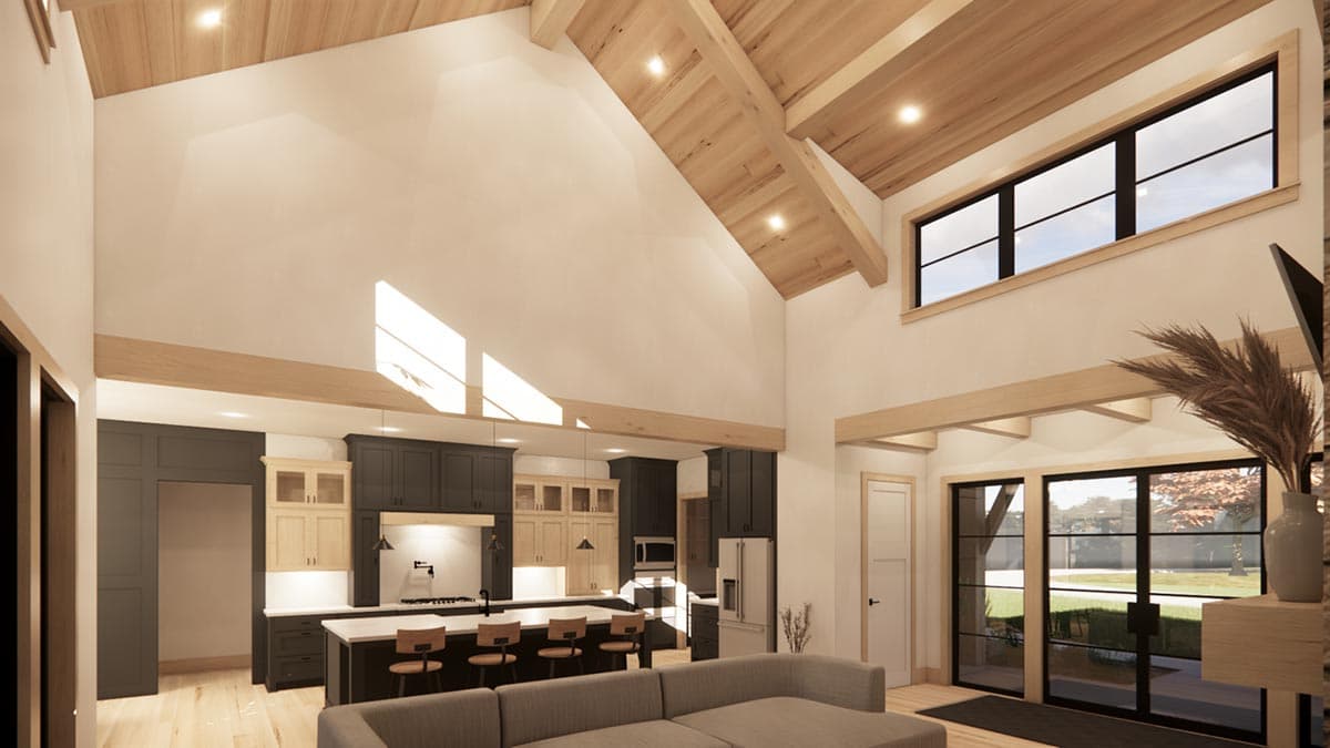 Interior rendering of a modern open-plan living area with vaulted ceilings, exposed beams, a large kitchen island, and large windows.