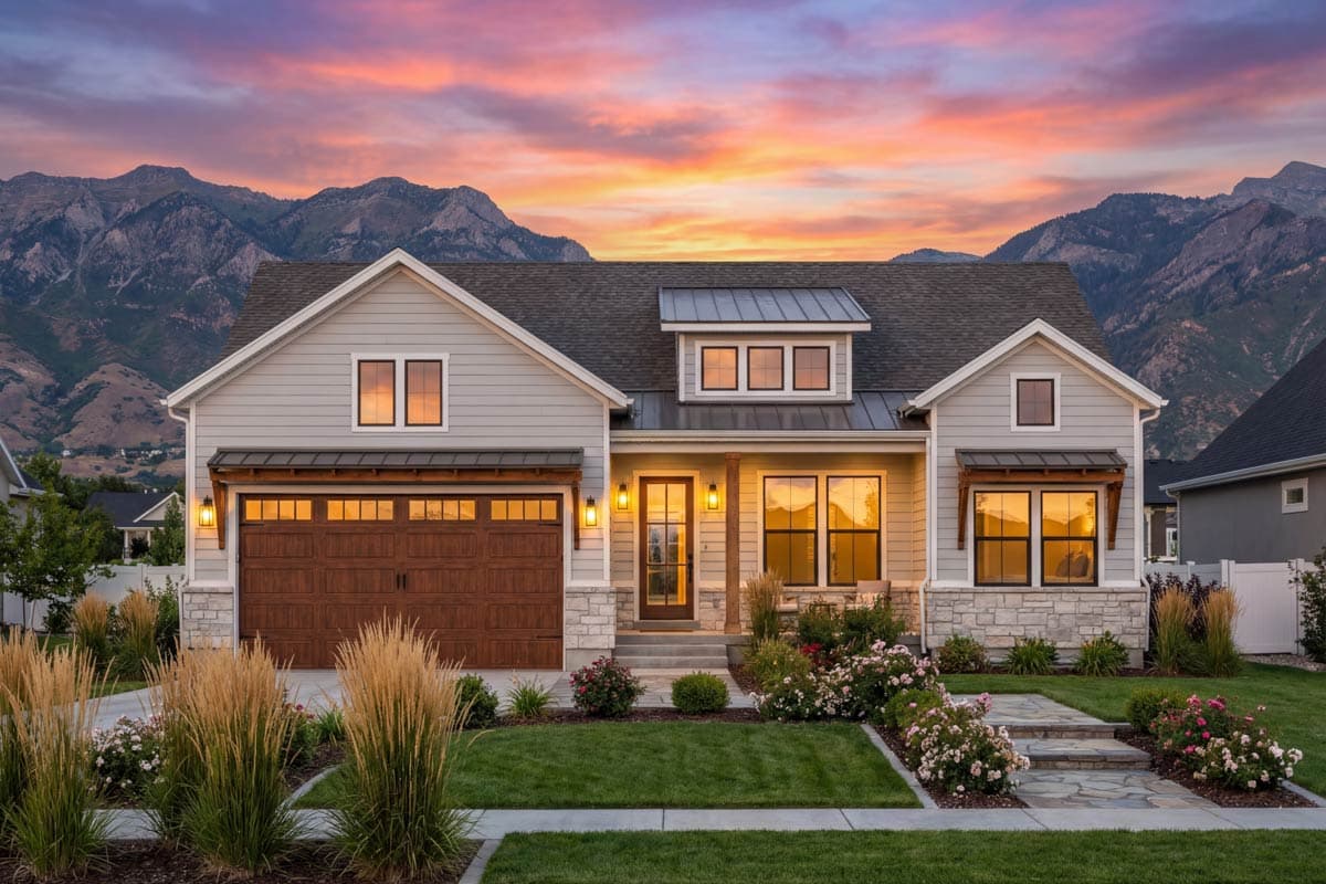 Modern Farmhouse exterior: two stories, sided exterior, wood garage door, dormer with metal roof, stone accents.