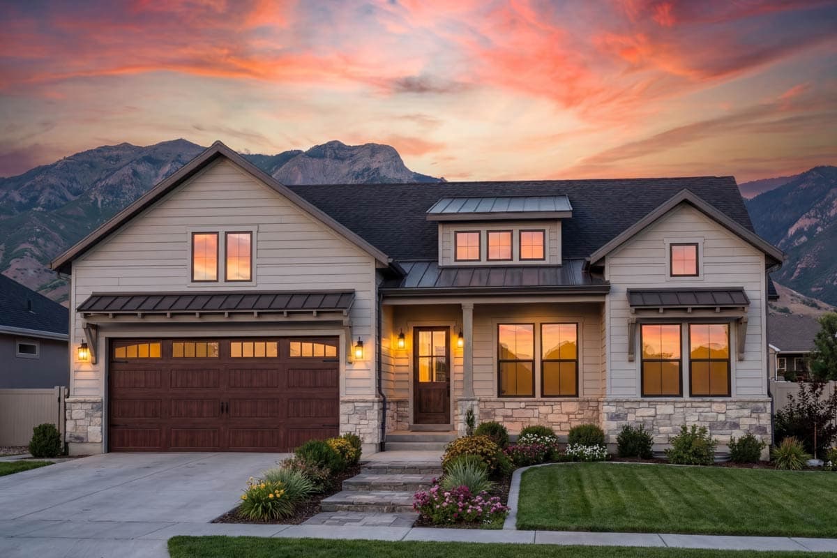 House plan exterior: Modern Farmhouse style, two stories, side-entry garage, dormer, gables, and stone accents.
