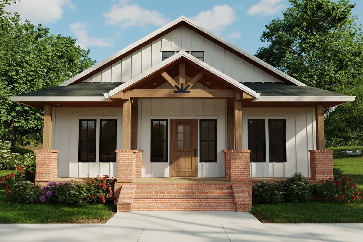 House plan exterior: Modern Farmhouse style, one story, with gabled roof, exposed beams, and brick porch columns.