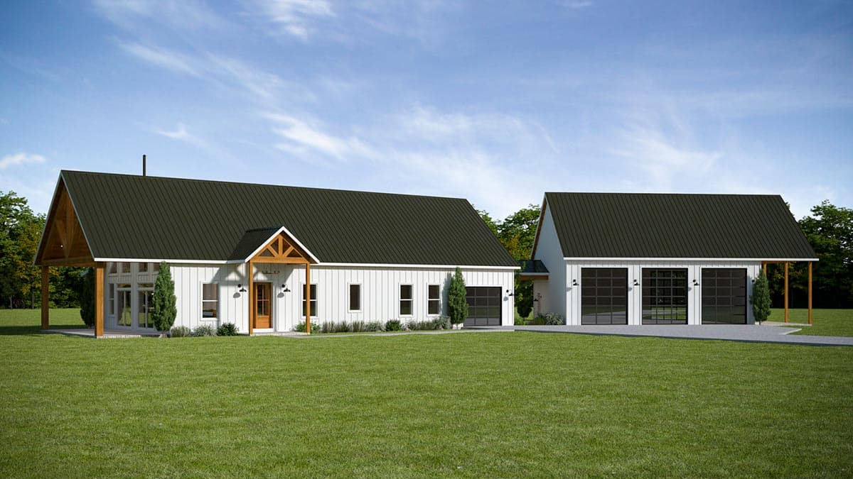 Modern Farmhouse style house plan exterior with a covered porch, gables, and attached three-car garage with glass garage doors.
