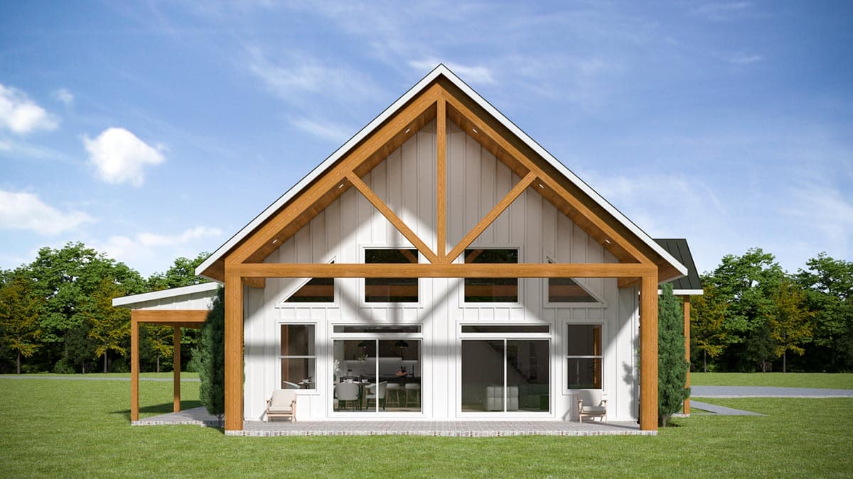 Modern Farmhouse house plan exterior with exposed timber beams, large windows, and covered porches.