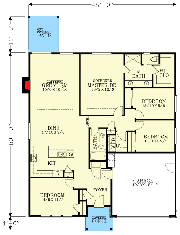 Plan 28023J: 45-Foot Wide 4 Bed Craftsman Home Plan with 4 Bedrooms - Floor Plan - Main Level - Country, Craftsman, Ranch