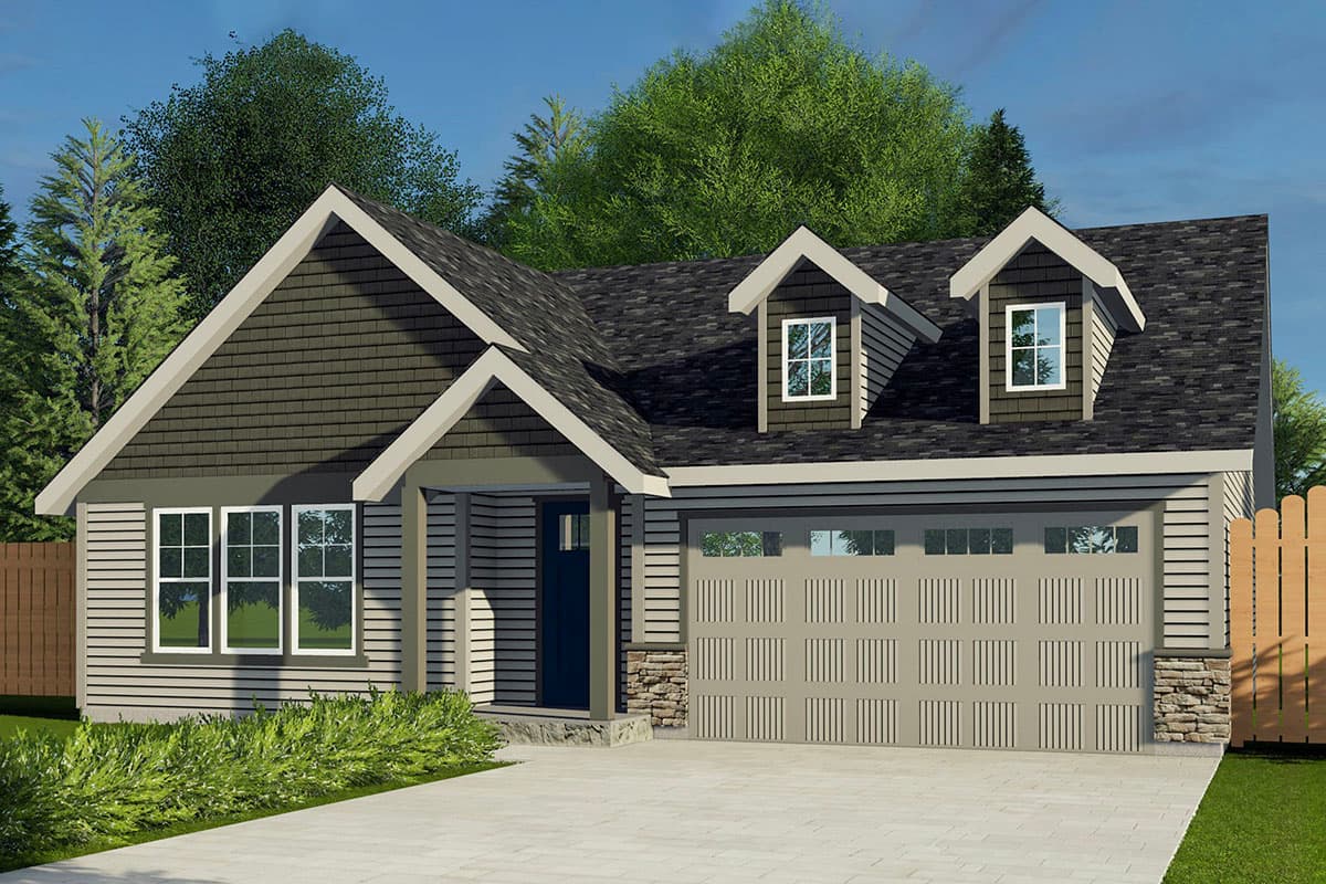 House plan exterior with Craftsman style. Features include gabled roof, dormers, and attached garage. One story home with a front porch.