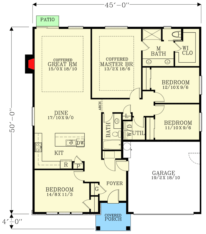 Plan 28024J: 45-Foot Wide 4 Bed New American Home Plan with 4 Bedrooms - Floor Plan - Main Level - Country, Craftsman, New American, Ranch