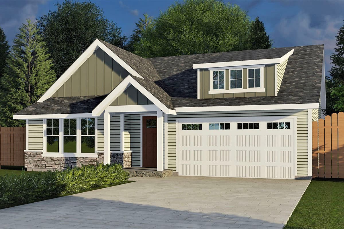 House plan exterior. Craftsman-style home with gabled roof, dormer, and attached garage. Stone facade detail and front porch with columns are visible.