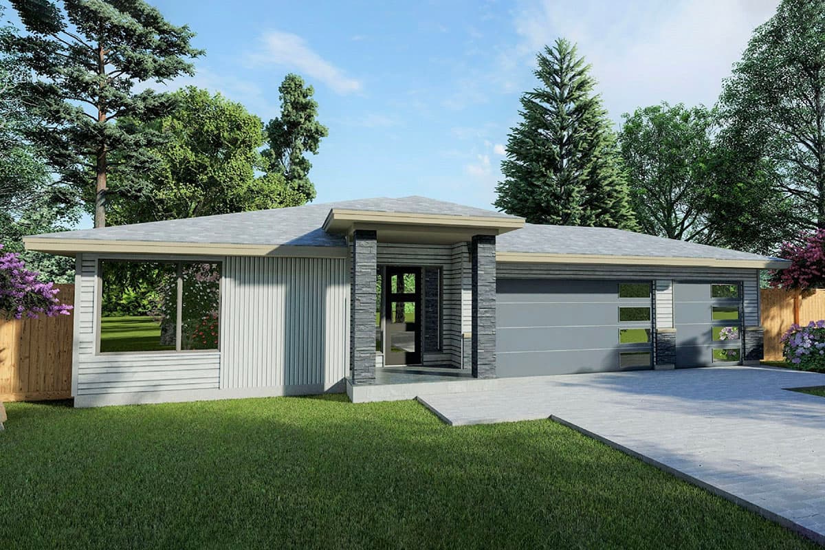House plan exterior featuring a one-story, modern-style design with a flat roof, stone entryway columns, and a garage with windows.