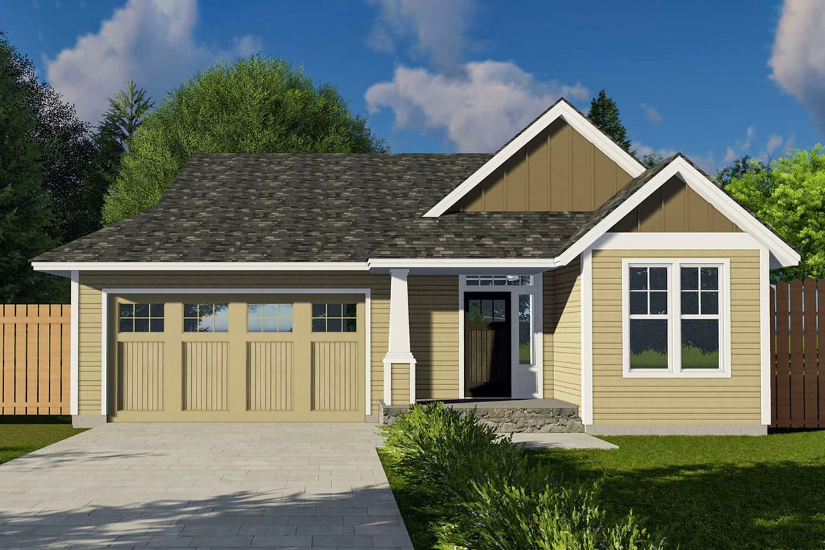 House plan exterior. Ranch style with a gabled roof, garage, and front porch with a single column support.