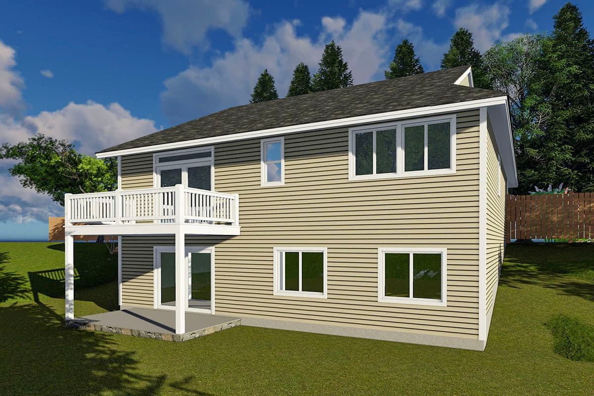 House plan exterior view of a two-story home with beige siding, a second-story deck, and multiple windows.