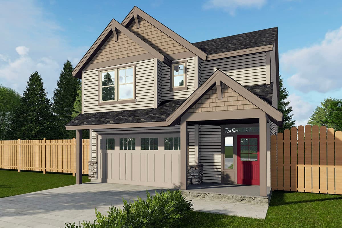 House plan exterior. Two-story Craftsman home with gabled roof, garage, and front porch. Features horizontal siding and decorative brackets.
