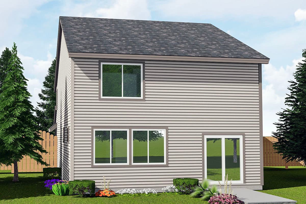 House plan exterior, two-story home with horizontal siding, gable roof, and multiple windows.