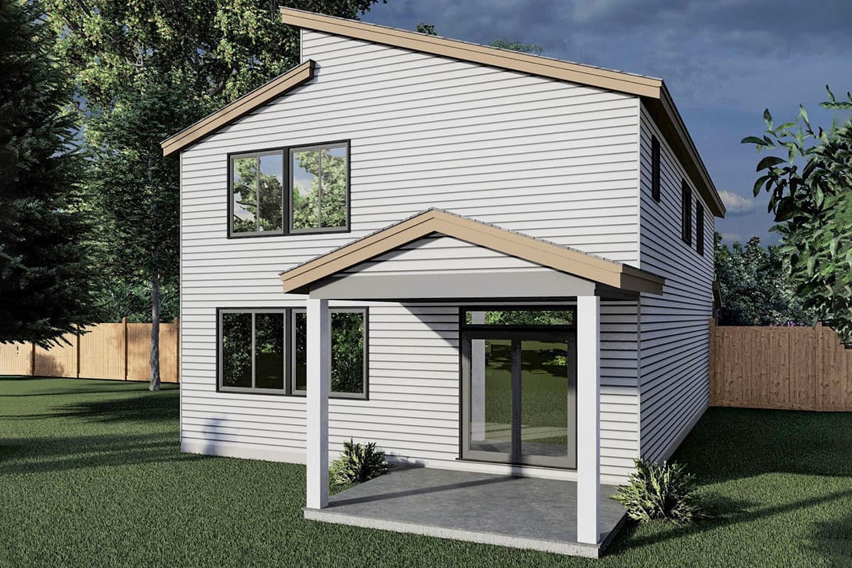 Two-story house plan exterior with white siding, a covered porch, and asymmetrical roofline.