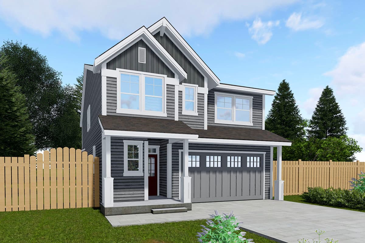 House plan exterior. Two-story Craftsman style home with front porch, gables, and attached garage. Lap siding and window trim.