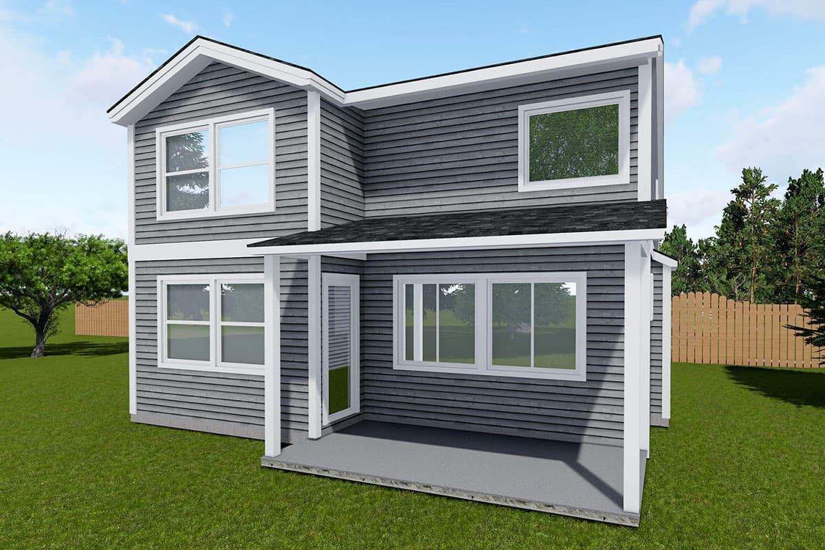 Two-story house plan exterior with gabled roof, vinyl siding, covered porch with columns, and multiple windows.