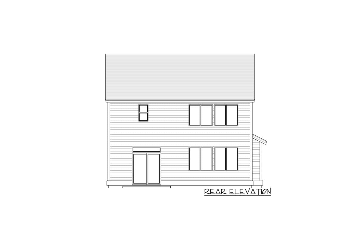 Rear elevation drawing of a two-story house plan with siding, double doors, and multiple windows.