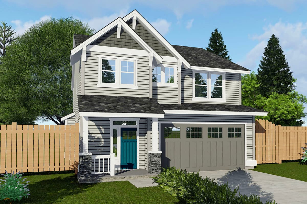 House plan exterior view, two-story home. Features include a gabled roof, front porch, and an attached garage with paneled door.