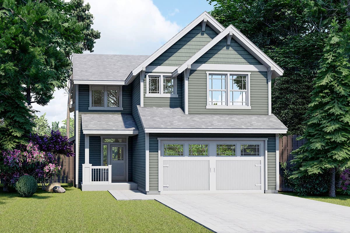 House plan exterior: Two-story house in Craftsman style. Features include a gabled roof, two-car garage, and a covered porch.