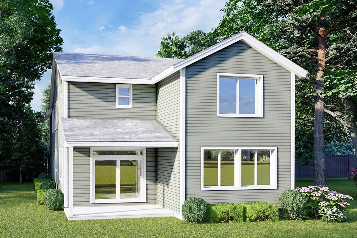 Two-story house plan exterior with a gabled roof, horizontal siding, and large windows.