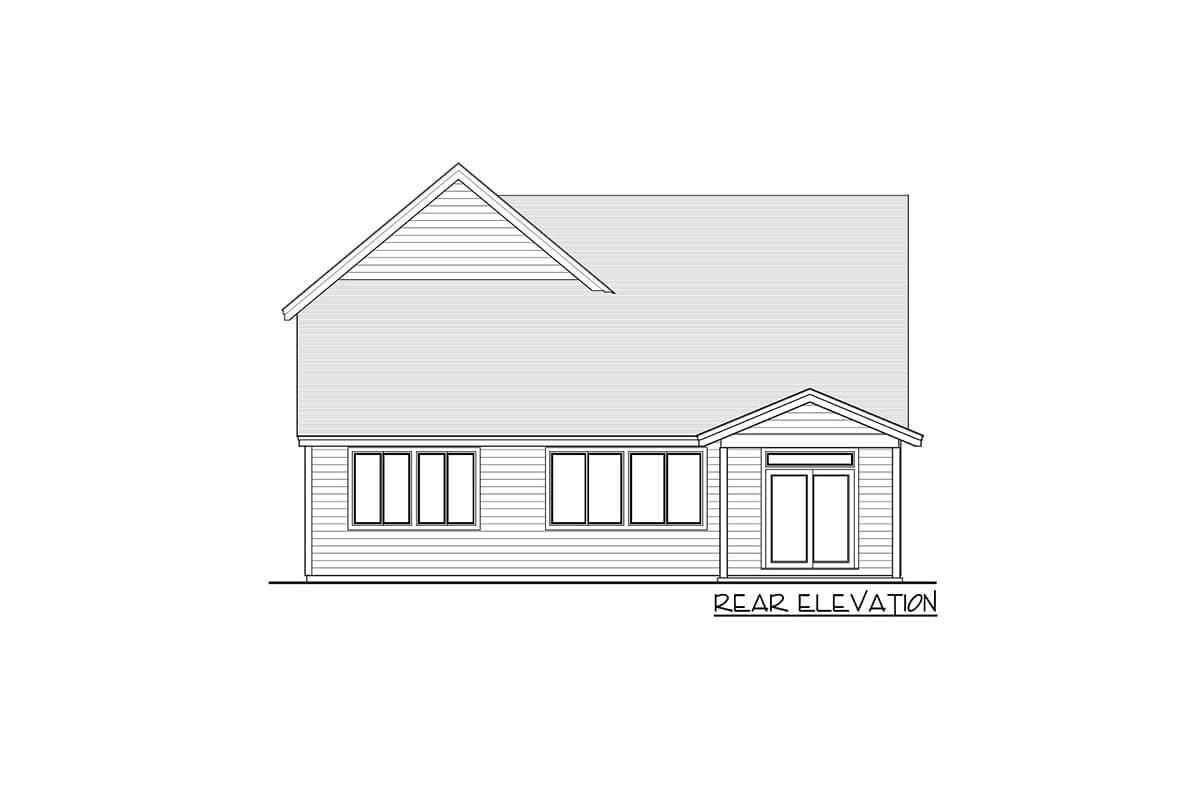 Rear elevation drawing of a house plan featuring a gable roof, horizontal siding, multiple windows, and a double door entry.