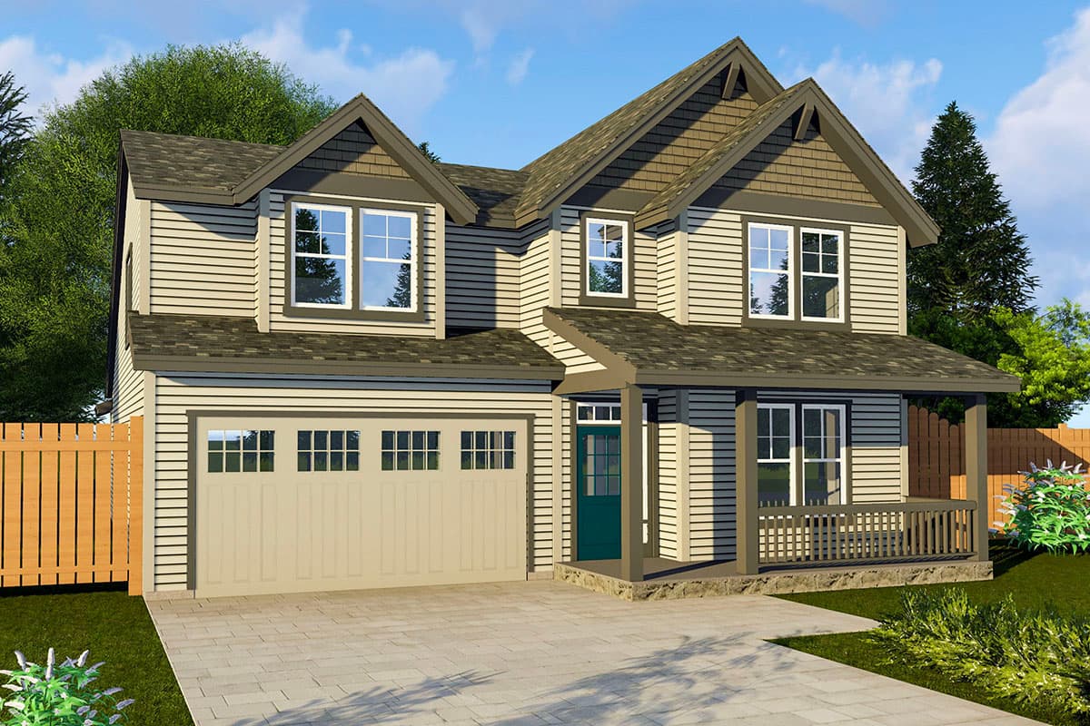 House plan exterior. Two-story Craftsman home with gabled roof, covered porch, and attached garage. Includes dormers and vertical siding.
