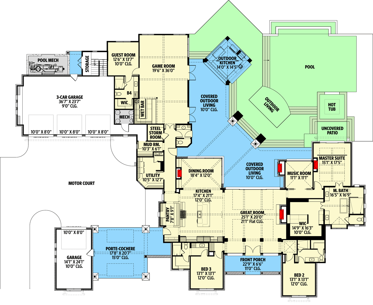 Plan 915055CHP: 4-Bed Hill Country House Plan with 4-Car Motor Court and Large Covered Outdoor Living Space - Floor Plan - Main Level - Country, Craftsman, Farmhouse, Hill Country, Modern Farmhouse, Mountain, New American, Transitional