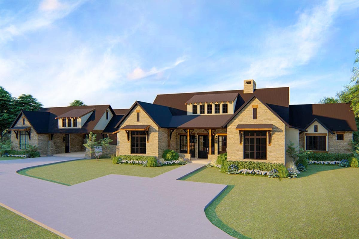 House plan exterior with stone veneer, multiple gables, and a covered porch. Features include a side-entry garage and a prominent chimney.