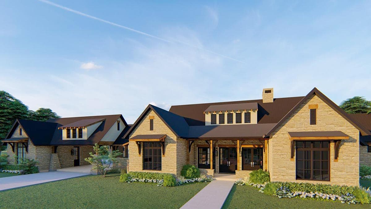 House plan exterior: stone-clad, one-story residence with gabled roof, exposed rafter tails, and covered entry.