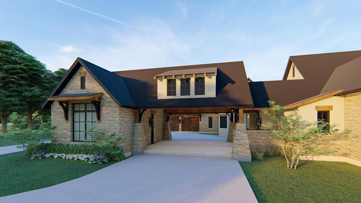 House plan exterior: Stone veneer, dark metal roof, gabled dormer with three windows, covered driveway.
