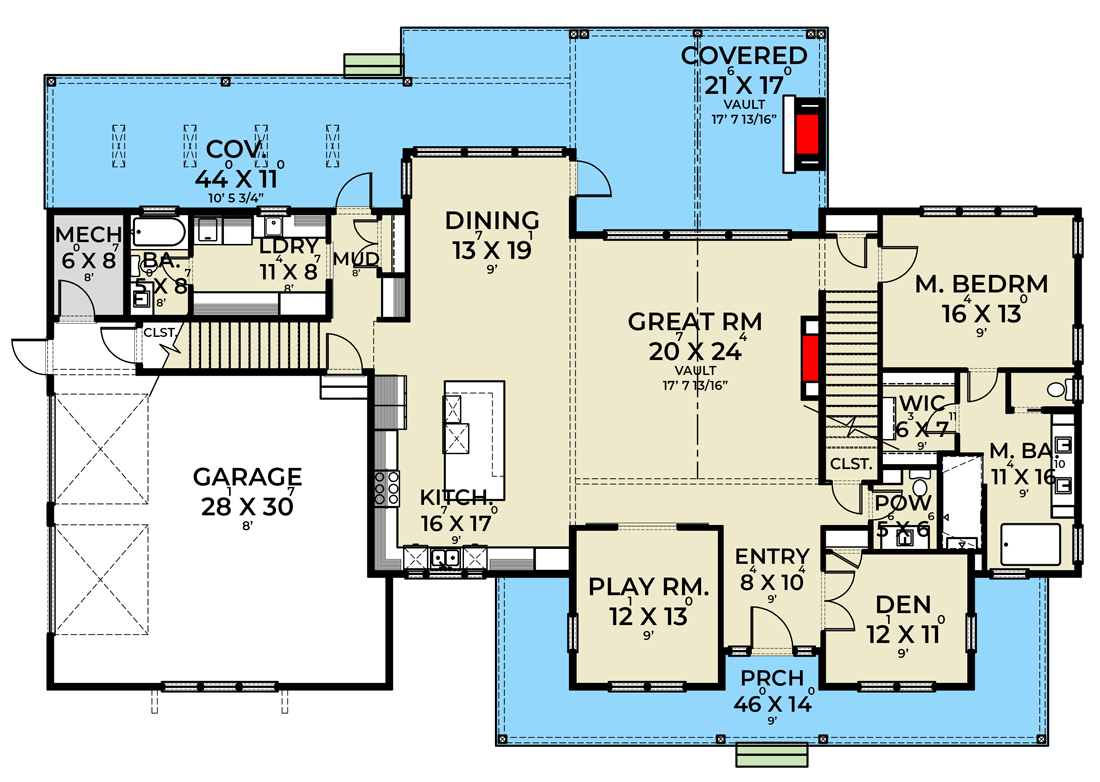Plan 280184JWD: 3-Bed Modern Farmhouse Plan with Bonus Room above Garage - 3792 Sq Ft - Floor Plan - Main Level - Country, Farmhouse, Modern Farmhouse, New American, Traditional