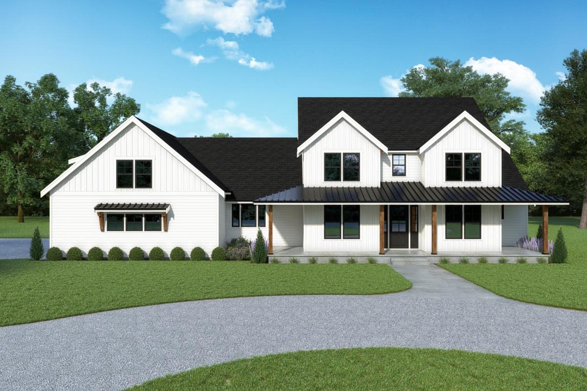 Modern Farmhouse house plan exterior with gables, covered porch, and two stories.
