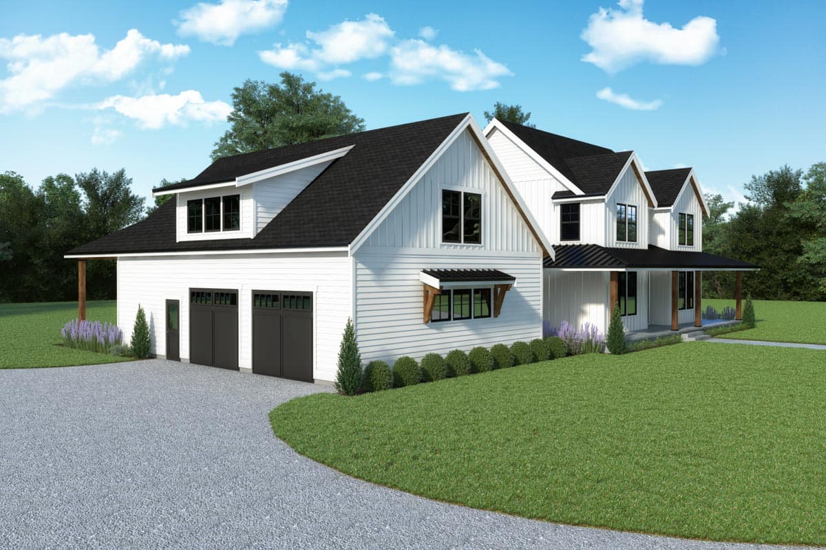 Modern Farmhouse house plan exterior with two-story gables, dormers, a covered porch, and a three-car side-entry garage.