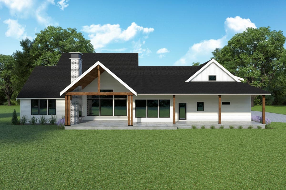 House plan exterior: Modern Farmhouse style, one story, with covered porch, gables, exposed beams, and brick chimney.